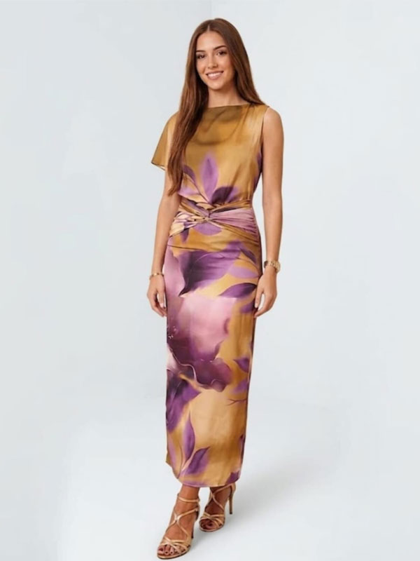 Vestido largo floral oro lila nudo - Banes Moda Tienda Ropa Ramallosa Nigrán