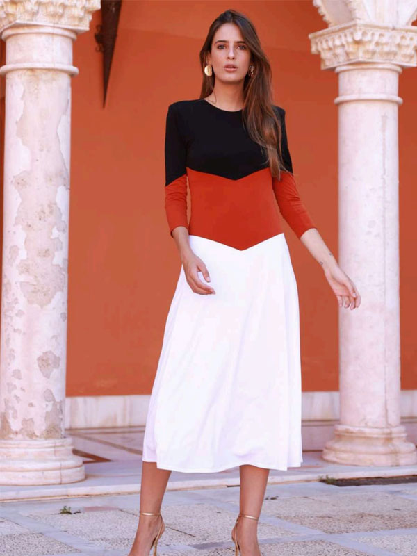 Vestido midi tricolor manga francesa - Banes Moda Tienda Ropa Ramallosa Nigrán